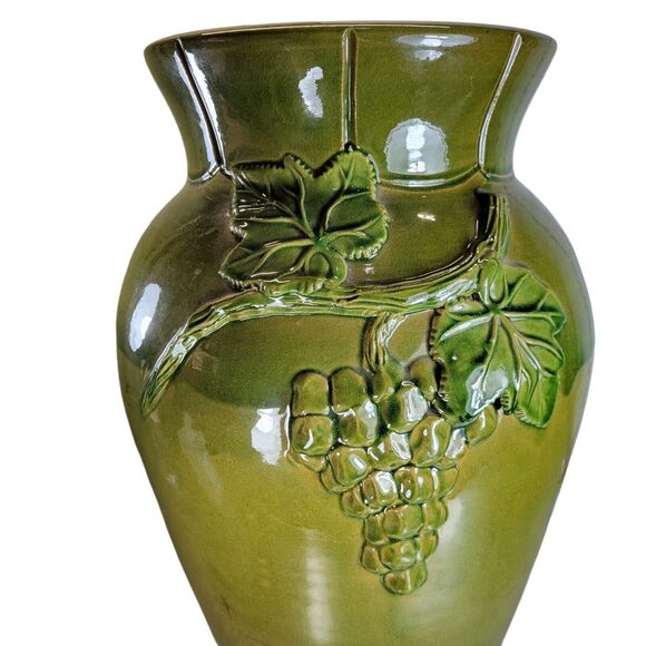 Vintage J. Willfred Green Ceramic Vase With Raised Grape Design Large 19.5" Tall - Picture 2 of 10